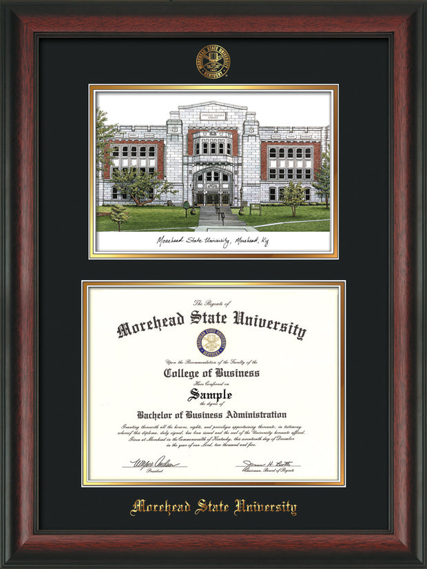Image of Morehead State Univerity Diploma Frame - Rosewood - w/Embossed MSU Seal & Name - Watercolor - Black on Gold mat