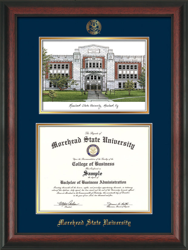 Image of Morehead State Univerity Diploma Frame - Rosewood - w/Embossed MSU Seal & Name - Watercolor - Navy on Gold mat