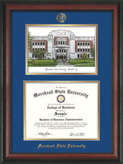 Image of Morehead State Univerity Diploma Frame - Rosewood - w/Embossed MSU Seal & Name - Watercolor - Royal Blue on Gold mat