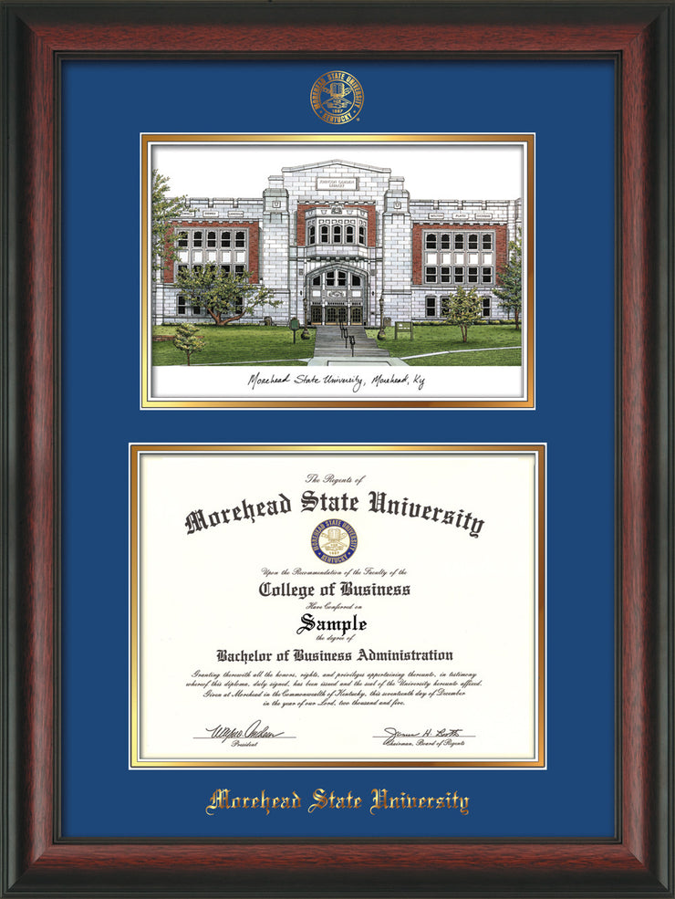 Image of Morehead State Univerity Diploma Frame - Rosewood - w/Embossed MSU Seal & Name - Watercolor - Royal Blue on Gold mat