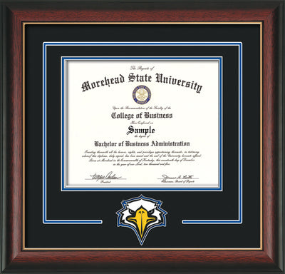 Image of Morehead State University Diploma Frame - Rosewood w/Gold Lip - w/Laser MSU Logo Cutout - Black on Royal Blue mat