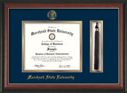 Image of Morehead State Univerity Diploma Frame - Rosewood w/Gold Lip - w/Embossed MSU Seal & Name - Tassel Holder - Navy on Gold mat