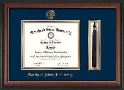 Image of Morehead State Univerity Diploma Frame - Rosewood w/Gold Lip - w/Embossed MSU Seal & Name - Tassel Holder - Navy on Gold mat