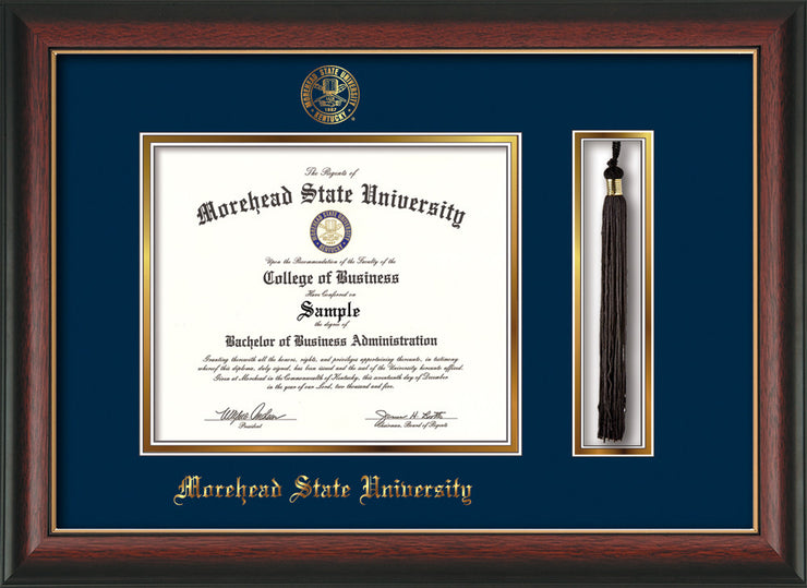 Image of Morehead State Univerity Diploma Frame - Rosewood w/Gold Lip - w/Embossed MSU Seal & Name - Tassel Holder - Navy on Gold mat