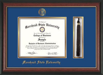 Image of Morehead State Univerity Diploma Frame - Rosewood w/Gold Lip - w/Embossed MSU Seal & Name - Tassel Holder - Royal Blue on Gold mat