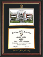 Image of Morehead State Univerity Diploma Frame - Rosewood w/Gold Lip - w/Embossed MSU Seal & Name - Watercolor - Black on Gold mat