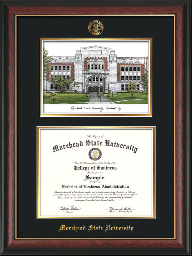 Image of Morehead State Univerity Diploma Frame - Rosewood w/Gold Lip - w/Embossed MSU Seal & Name - Watercolor - Black on Gold mat