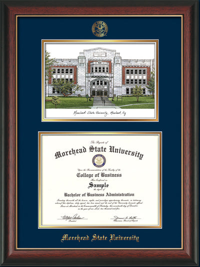 Image of Morehead State Univerity Diploma Frame - Rosewood w/Gold Lip - w/Embossed MSU Seal & Name - Watercolor - Navy on Gold mat