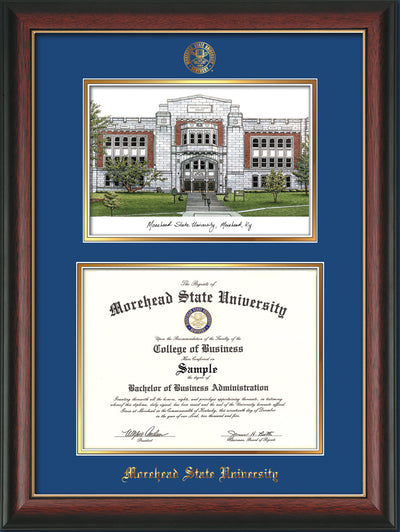 Image of Morehead State Univerity Diploma Frame - Rosewood w/Gold Lip - w/Embossed MSU Seal & Name - Watercolor - Royal Blue on Gold mat
