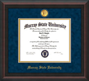 Image of Murray State University Diploma Frame - Mahogany Braid - w/24k Gold-Plated Medallion & Murray Name Embossing - Navy Suede on Gold mats