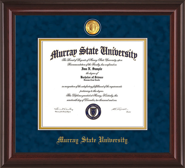 Image of Murray State University Diploma Frame - Mahogany Lacquer - w/24k Gold-Plated Medallion & Murray Name Embossing - Navy Suede on Gold mats