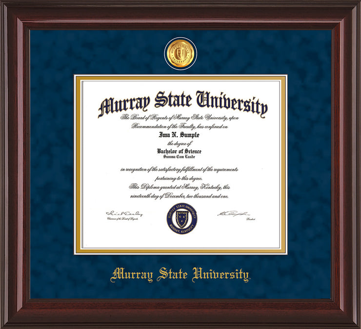 Image of Murray State University Diploma Frame - Mahogany Lacquer - w/24k Gold-Plated Medallion & Murray Name Embossing - Navy Suede on Gold mats