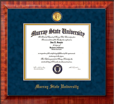 Image of Murray State University Diploma Frame - Mezzo Gloss - w/24k Gold-Plated Medallion & Murray Name Embossing - Navy Suede on Gold mats