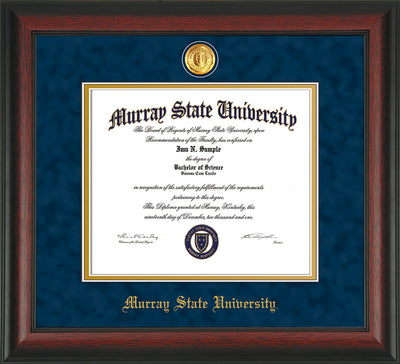 Image of Murray State University Diploma Frame - Rosewood - w/24k Gold-Plated Medallion & Murray Name Embossing - Navy Suede on Gold mats