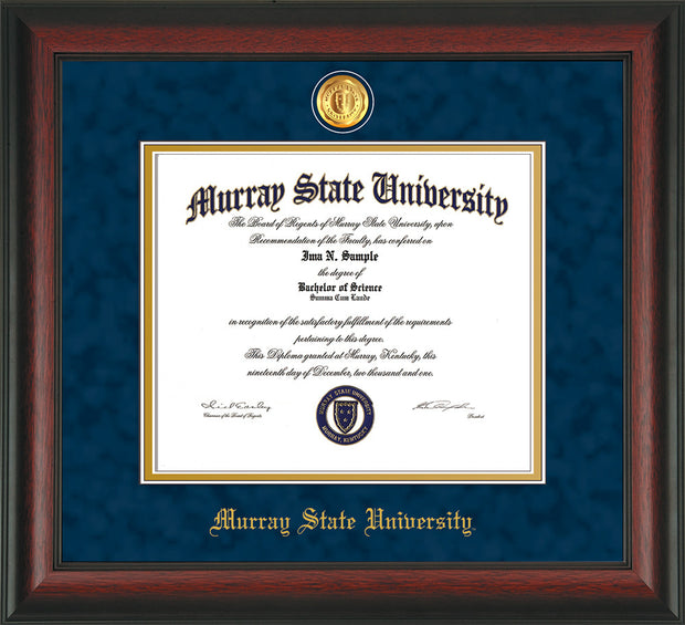 Image of Murray State University Diploma Frame - Rosewood - w/24k Gold-Plated Medallion & Murray Name Embossing - Navy Suede on Gold mats