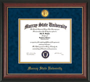 Image of Murray State University Diploma Frame - Rosewood w/Gold Lip - w/24k Gold-Plated Medallion & Murray Name Embossing - Navy Suede on Gold mats