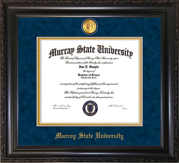 Image of Murray State University Diploma Frame - Vintage Black Scoop - w/24k Gold-Plated Medallion & Murray Name Embossing - Navy Suede on Gold mats