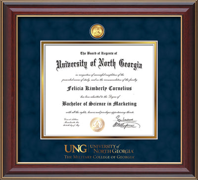 Image of University of North Georgia Diploma Frame - Cherry Lacquer - w/24k Gold-Plated Military Medallion & Military Wordmark Embossing - Navy Suede on Gold mats