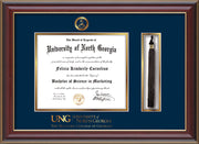 Image of University of North Georgia Diploma Frame - Cherry Lacquer - w/Embossed Military Seal & Military Wordmark - Tassel Holder - Navy on Gold mat
