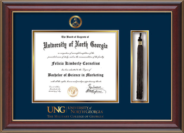 Image of University of North Georgia Diploma Frame - Cherry Lacquer - w/Embossed Military Seal & Military Wordmark - Tassel Holder - Navy on Gold mat