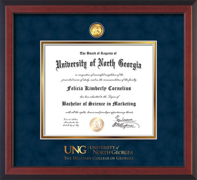 Image of University of North Georgia Diploma Frame - Cherry Reverse - w/24k Gold-Plated Military Medallion & Military Wordmark Embossing - Navy Suede on Gold mats