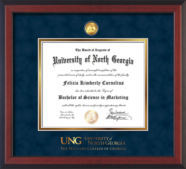 Image of University of North Georgia Diploma Frame - Cherry Reverse - w/24k Gold-Plated Military Medallion & Military Wordmark Embossing - Navy Suede on Gold mats