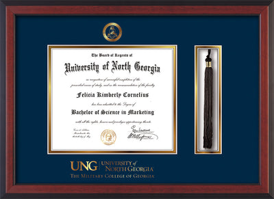 Image of University of North Georgia Diploma Frame - Cherry Reverse - w/Embossed Military Seal & Military Wordmark - Tassel Holder - Navy on Gold mat