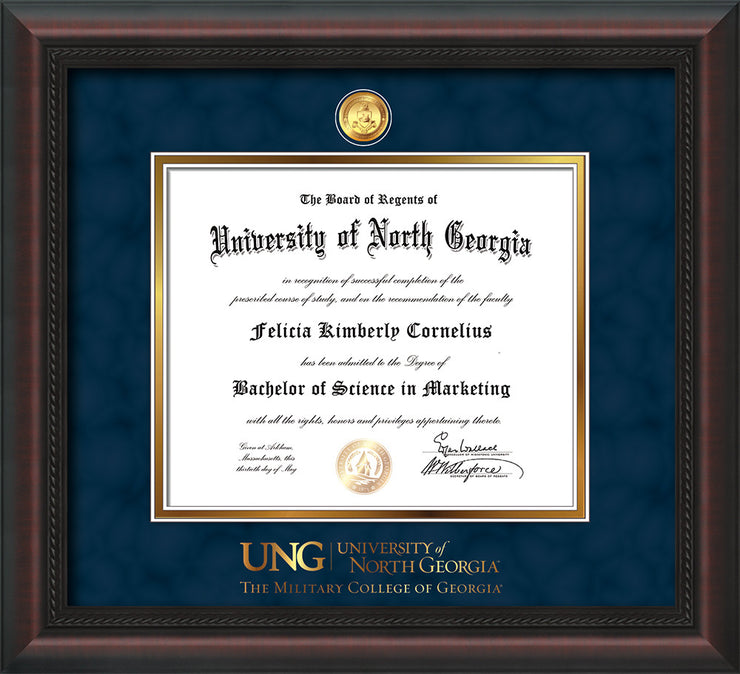 Image of University of North Georgia Diploma Frame - Mahogany Braid - w/24k Gold-Plated Military Medallion & Military Wordmark Embossing - Navy Suede on Gold mats