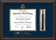 Image of University of North Georgia Diploma Frame - Mahogany Braid - w/Embossed Military Seal & Military Wordmark - Tassel Holder - Navy on Gold mat