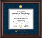 Image of University of North Georgia Diploma Frame - Mahogany Lacquer - w/24k Gold-Plated Military Medallion & Military Wordmark Embossing - Navy Suede on Gold mats