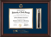 Image of University of North Georgia Diploma Frame - Mahogany Lacquer - w/Embossed Military Seal & Military Wordmark - Tassel Holder - Navy on Gold mat