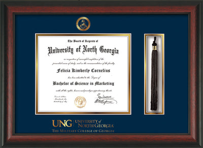 Image of University of North Georgia Diploma Frame - Rosewood - w/Embossed Military Seal & Military Wordmark - Tassel Holder - Navy on Gold mat