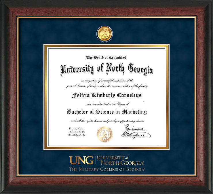 Image of University of North Georgia Diploma Frame - Rosewood w/Gold Lip - w/24k Gold-Plated Military Medallion & Military Wordmark Embossing - Navy Suede on Gold mats