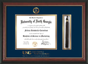 Image of University of North Georgia Diploma Frame - Rosewood w/Gold Lip - w/Embossed Military Seal & Military Wordmark - Tassel Holder - Navy on Gold mat
