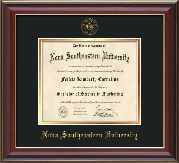 Image of Nova Southeastern University Diploma Frame - Cherry Lacquer - w/Embossed NSU Seal & Name - Black on Gold mat