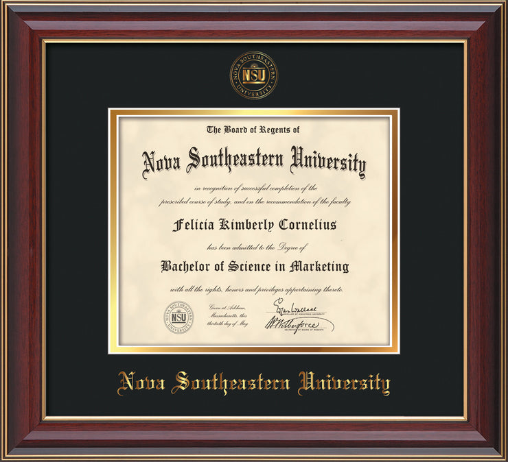 Image of Nova Southeastern University Diploma Frame - Cherry Lacquer - w/Embossed NSU Seal & Name - Black on Gold mat