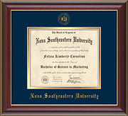 Image of Nova Southeastern University Diploma Frame - Cherry Lacquer - w/Embossed NSU Seal & Name - Navy on Gold mat