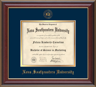 Image of Nova Southeastern University Diploma Frame - Cherry Lacquer - w/Embossed NSU Seal & Name - Navy on Gold mat