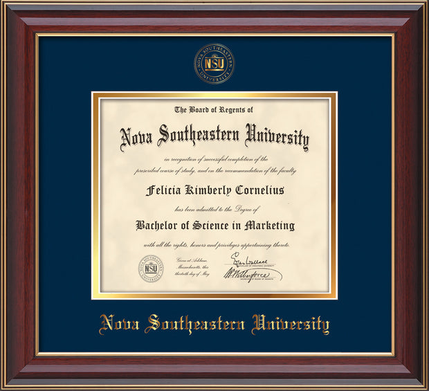 Image of Nova Southeastern University Diploma Frame - Cherry Lacquer - w/Embossed NSU Seal & Name - Navy on Gold mat