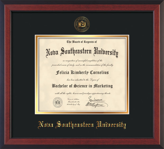 Image of Nova Southeastern University Diploma Frame - Cherry Reverse - w/Embossed NSU Seal & Name - Black on Gold mat