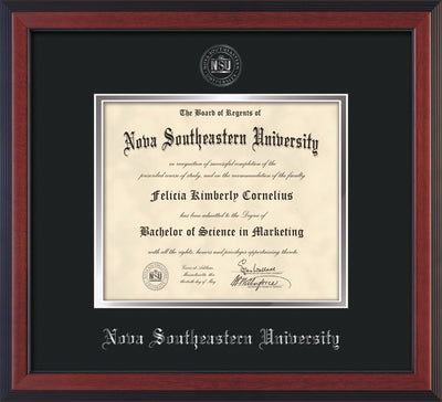Image of Nova Southeastern University Diploma Frame - Cherry Reverse - w/Silver Embossed NSU Seal & Name - Black on Silver mat