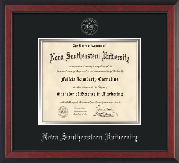 Image of Nova Southeastern University Diploma Frame - Cherry Reverse - w/Silver Embossed NSU Seal & Name - Black on Silver mat