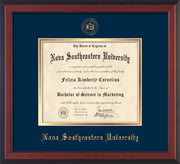 Image of Nova Southeastern University Diploma Frame - Cherry Reverse - w/Embossed NSU Seal & Name - Navy on Gold mat