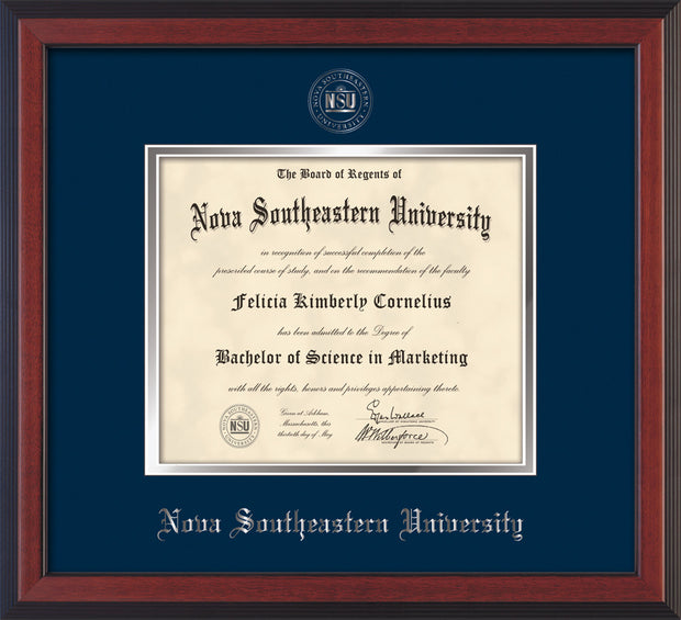 Image of Nova Southeastern University Diploma Frame - Cherry Reverse - w/Silver Embossed NSU Seal & Name - Navy on Silver mat