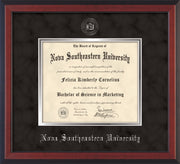 Image of Nova Southeastern University Diploma Frame - Cherry Reverse - w/Silver Embossed NSU Seal & Name - Black Suede on Silver mat