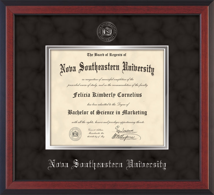 Image of Nova Southeastern University Diploma Frame - Cherry Reverse - w/Silver Embossed NSU Seal & Name - Black Suede on Silver mat
