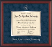 Image of Nova Southeastern University Diploma Frame - Cherry Reverse - w/Silver Embossed NSU Seal & Name - Navy Suede on Silver mat