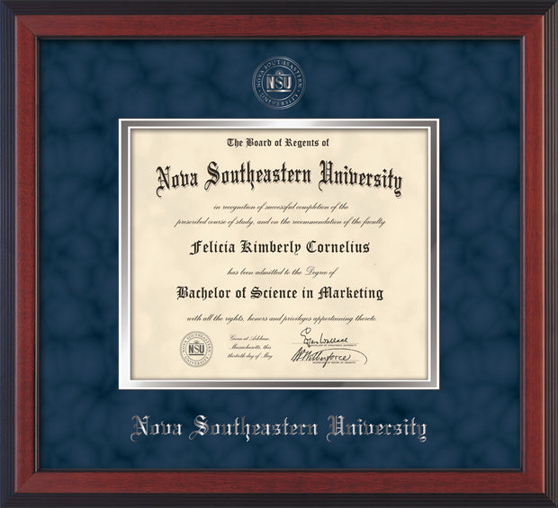 Image of Nova Southeastern University Diploma Frame - Cherry Reverse - w/Silver Embossed NSU Seal & Name - Navy Suede on Silver mat