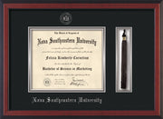 Image of Nova Southeastern University Diploma Frame - Cherry Reverse - w/Silver Embossed NSU Seal & Name - Tassel Holder - Black on Silver mat