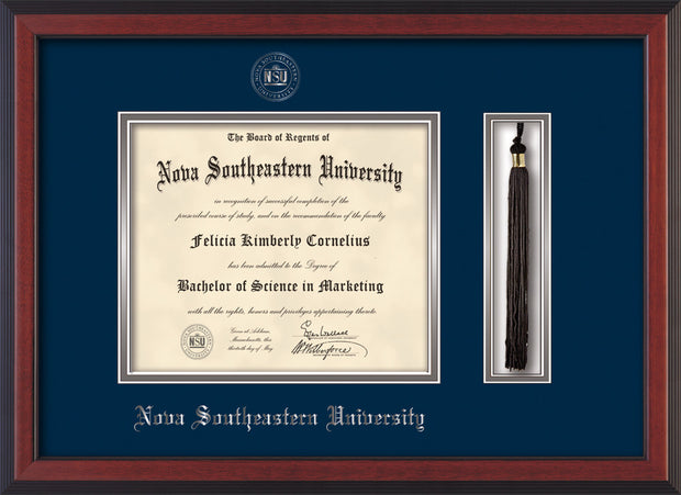 Image of Nova Southeastern University Diploma Frame - Cherry Reverse - w/Silver Embossed NSU Seal & Name - Tassel Holder - Navy on Silver mat